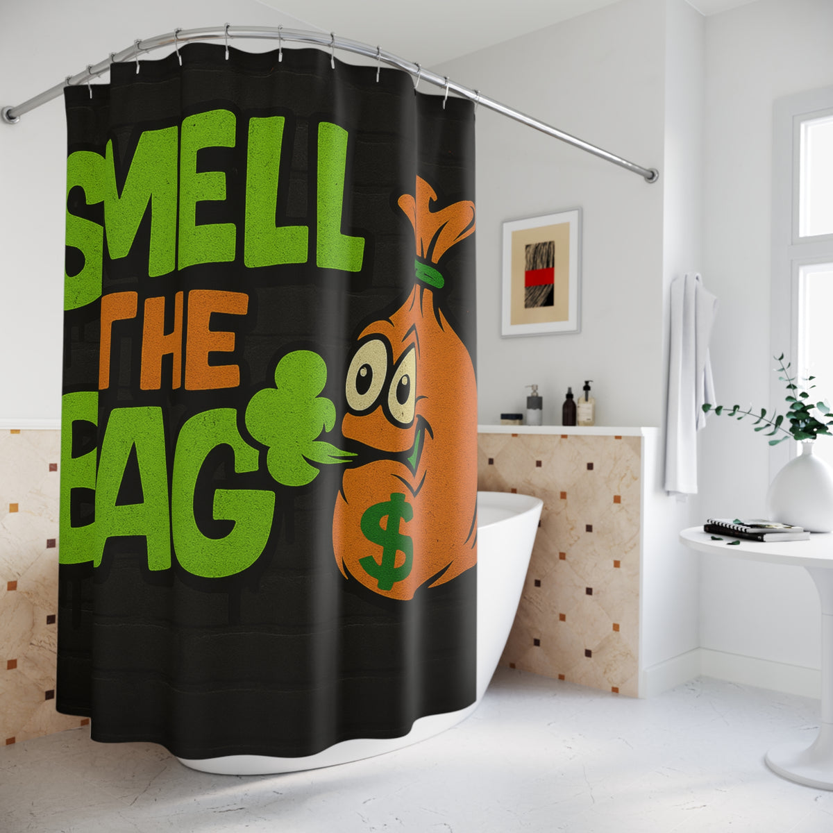 Smell The Bag Shower Curtain — Funny Money Bag Bathroom Decor