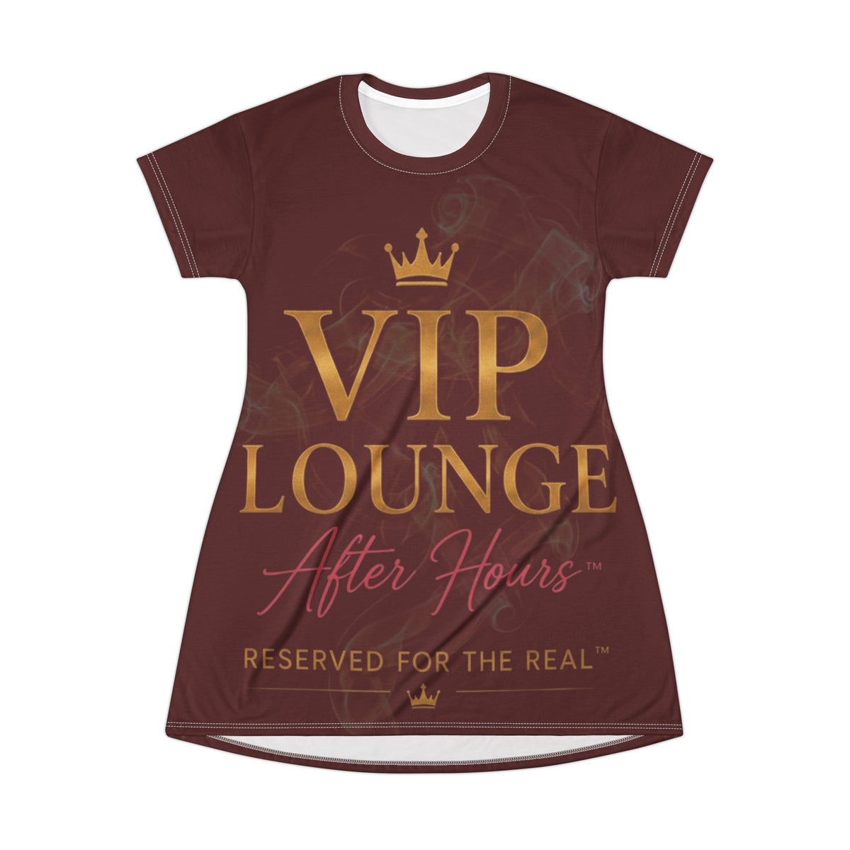 VIP Lounge After Hours T-Shirt Dress - "Reserved for the Real" Burgundy AOP