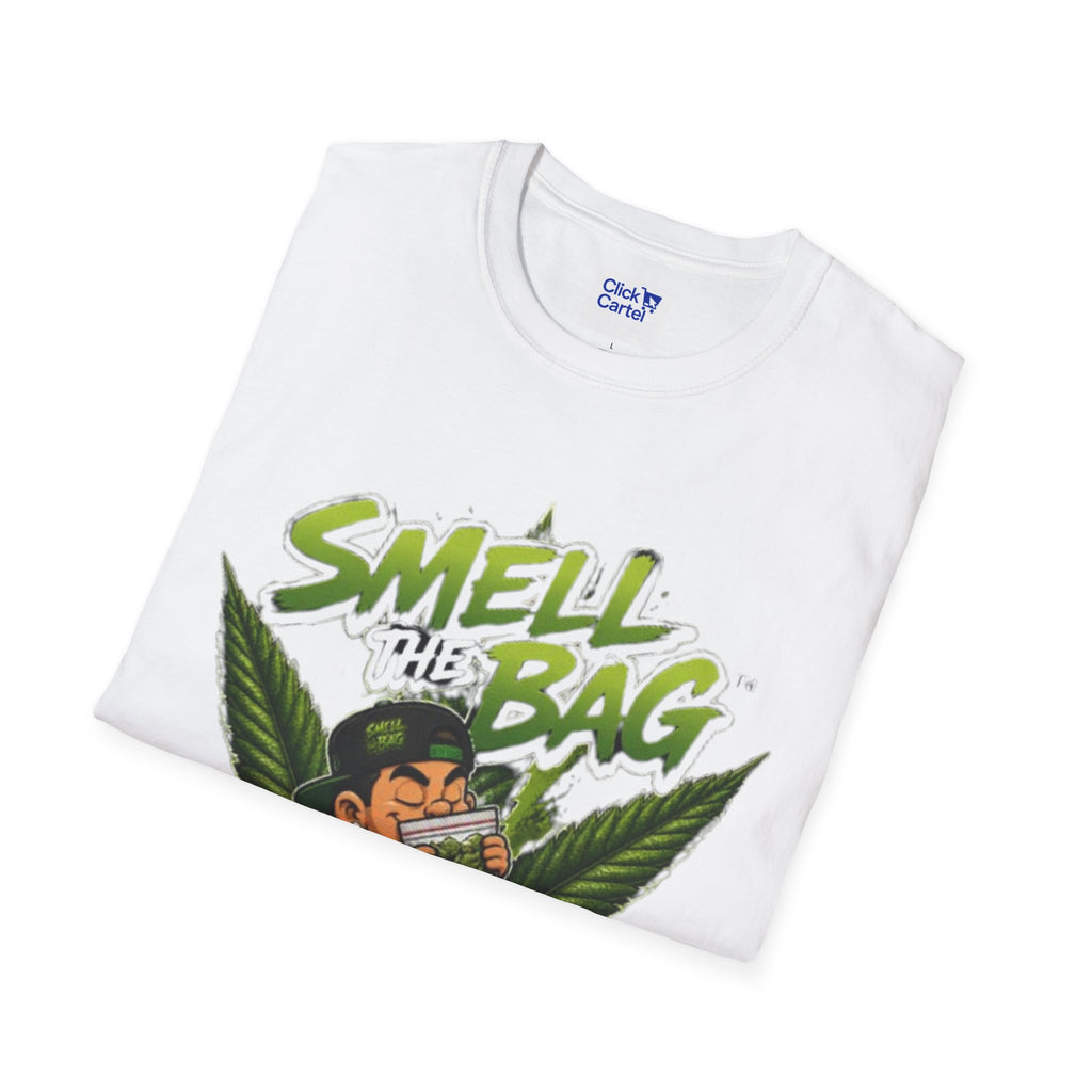Smell the Bag Graphic T-Shirt – Cannabis Leaf & Stoner Cartoon Design