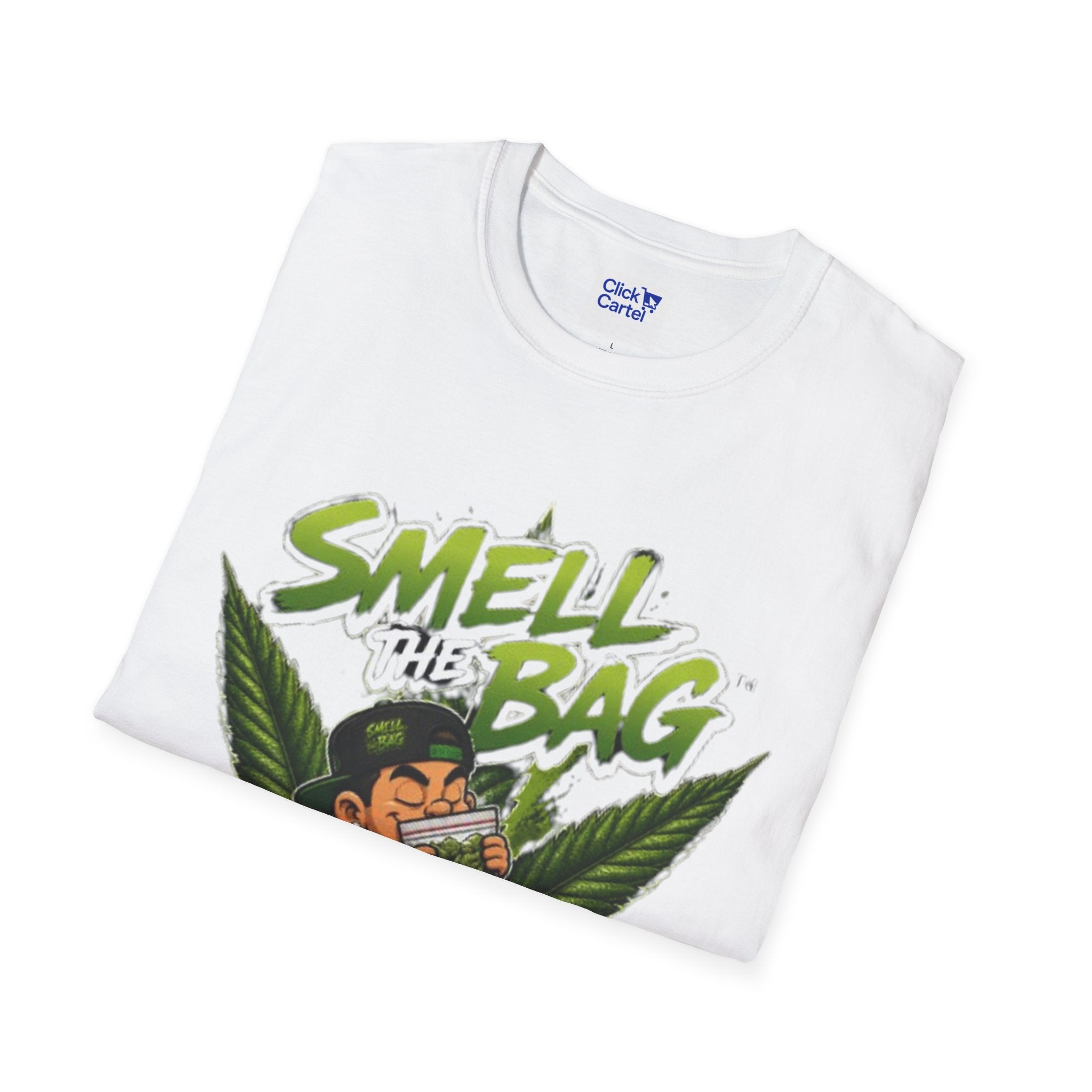 Smell the Bag Graphic T-Shirt – Cannabis Leaf & Stoner Cartoon Design