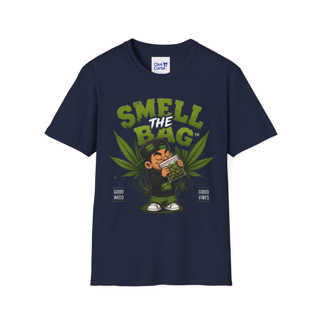 Smell The Bag T-Shirt — Funny Cannabis Graphic Tee (Good Weed, Good Vibes)