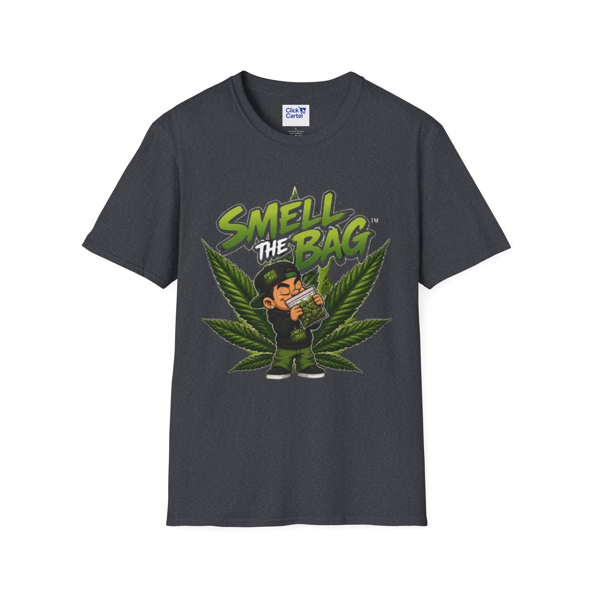 Smell the Bag Graphic T-Shirt – Cannabis Leaf & Stoner Cartoon Design