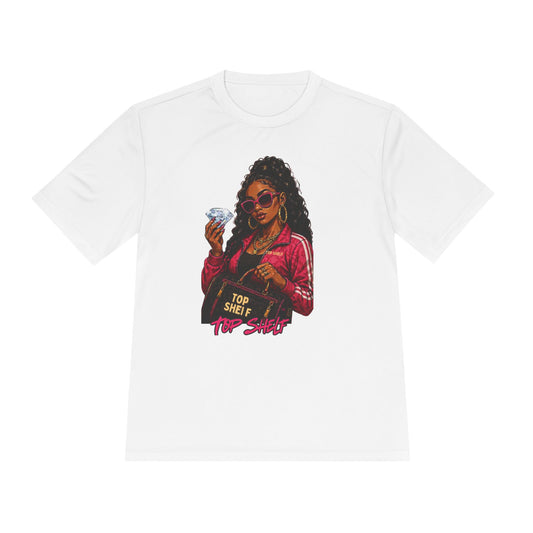 Top Shelf Woman Graphic Tee - Bold Retro Money Design
