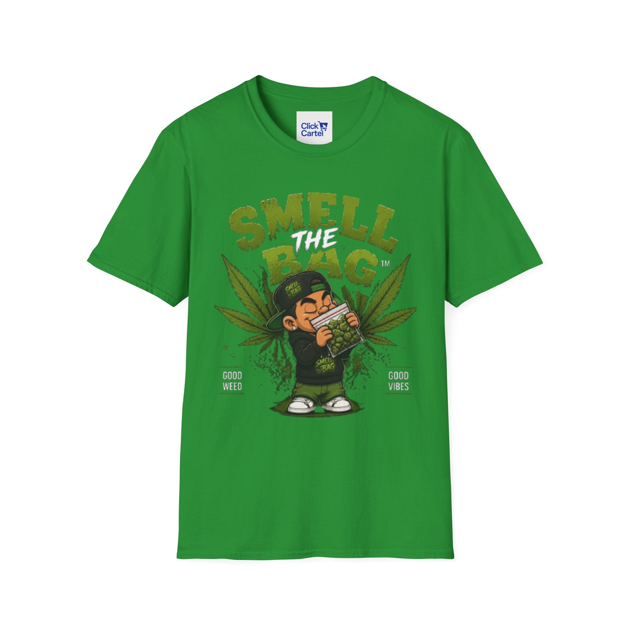 Smell The Bag T-Shirt — Funny Cannabis Graphic Tee (Good Weed, Good Vibes)