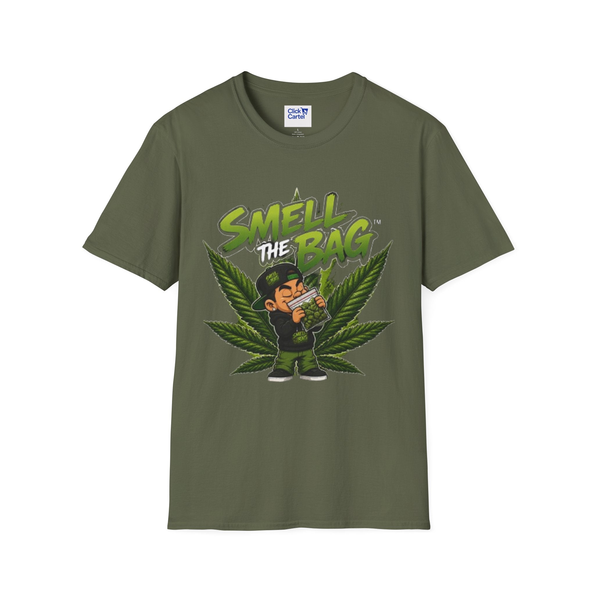 Smell the Bag Graphic T-Shirt – Cannabis Leaf & Stoner Cartoon Design
