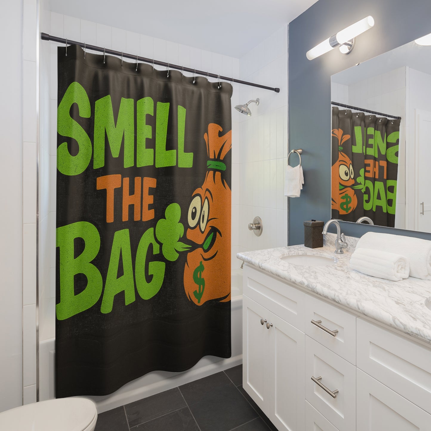 Smell The Bag Shower Curtain — Funny Money Bag Bathroom Decor