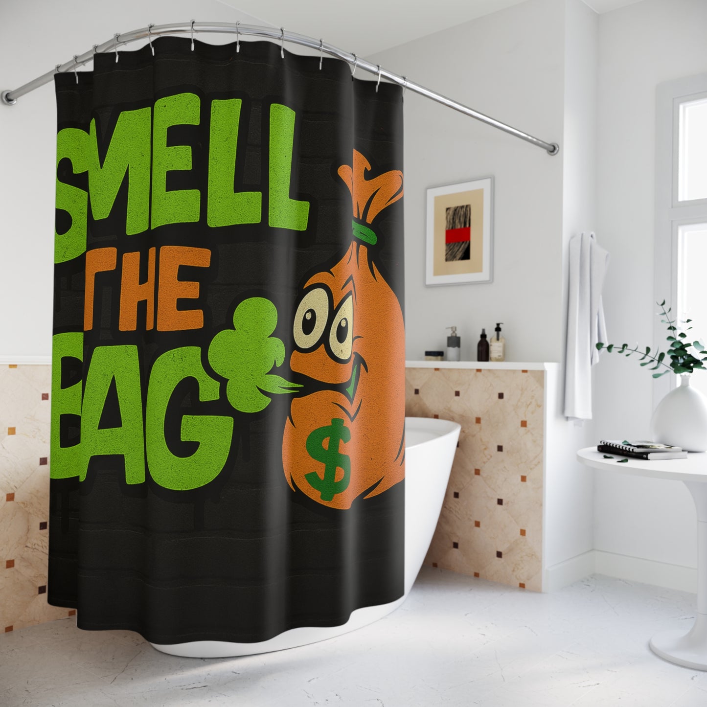 Smell The Bag Shower Curtain — Funny Money Bag Bathroom Decor