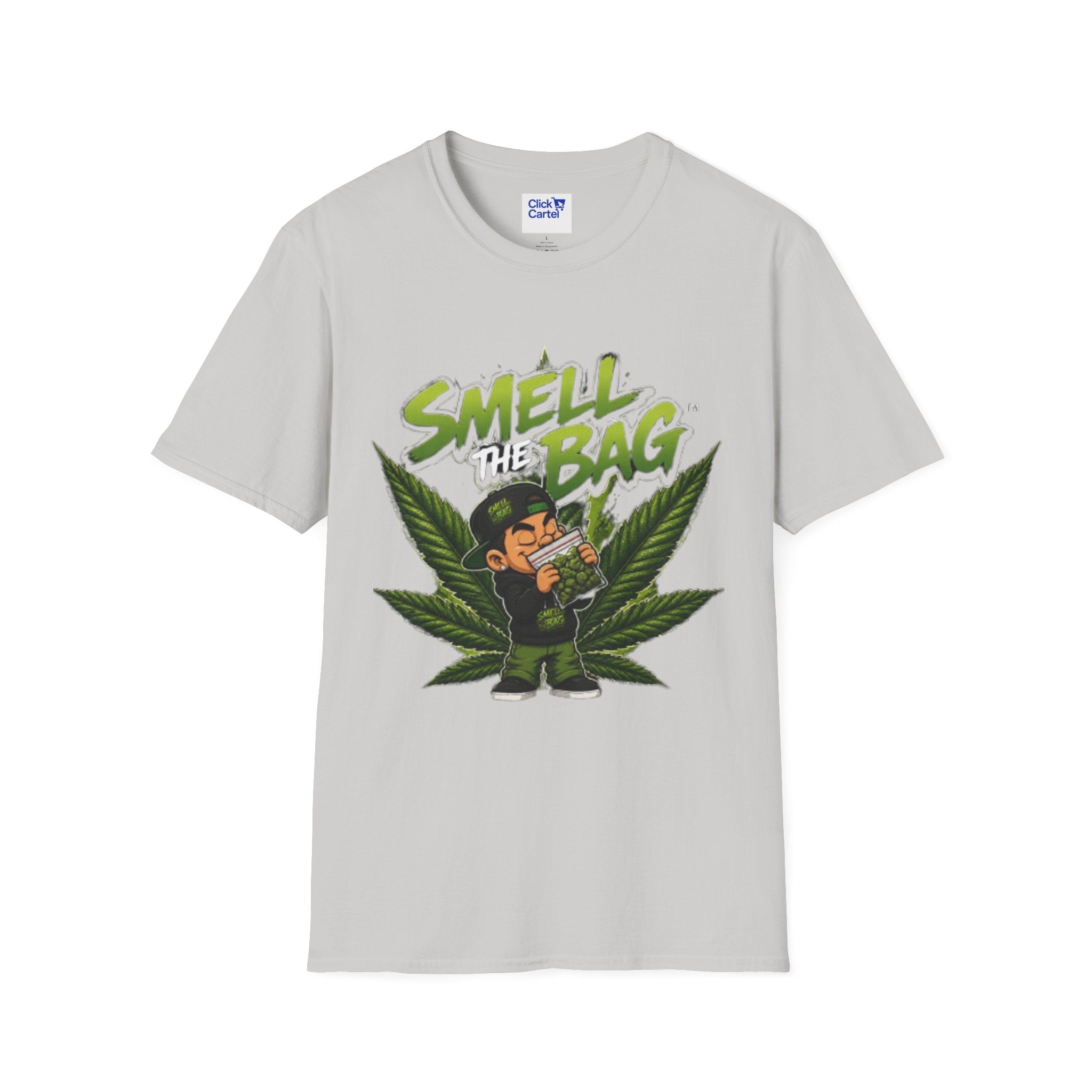 Smell the Bag Graphic T-Shirt – Cannabis Leaf & Stoner Cartoon Design