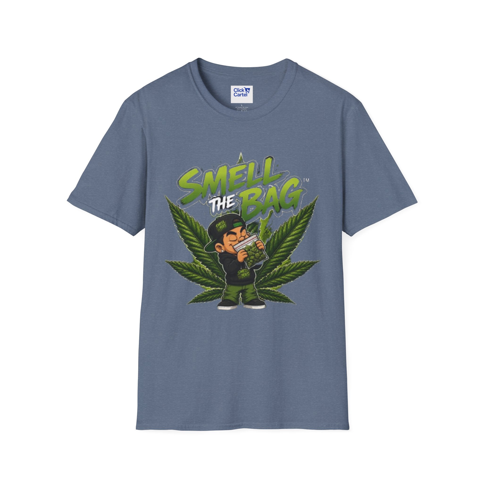 Smell the Bag Graphic T-Shirt – Cannabis Leaf & Stoner Cartoon Design