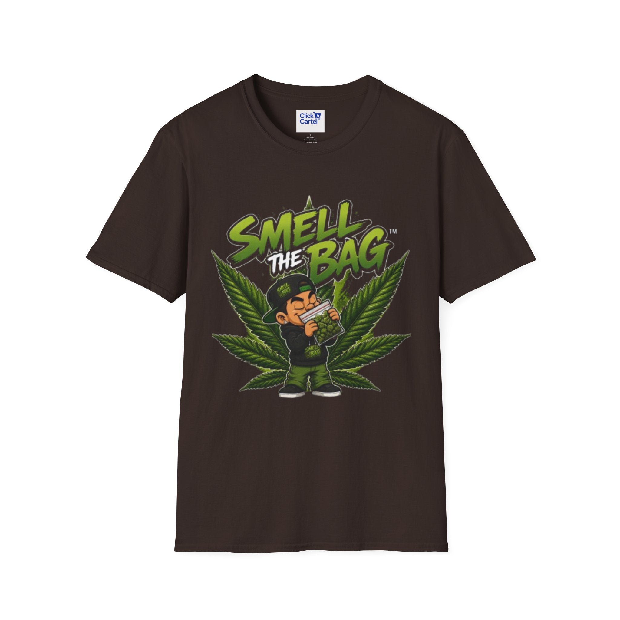 Smell the Bag Graphic T-Shirt – Cannabis Leaf & Stoner Cartoon Design