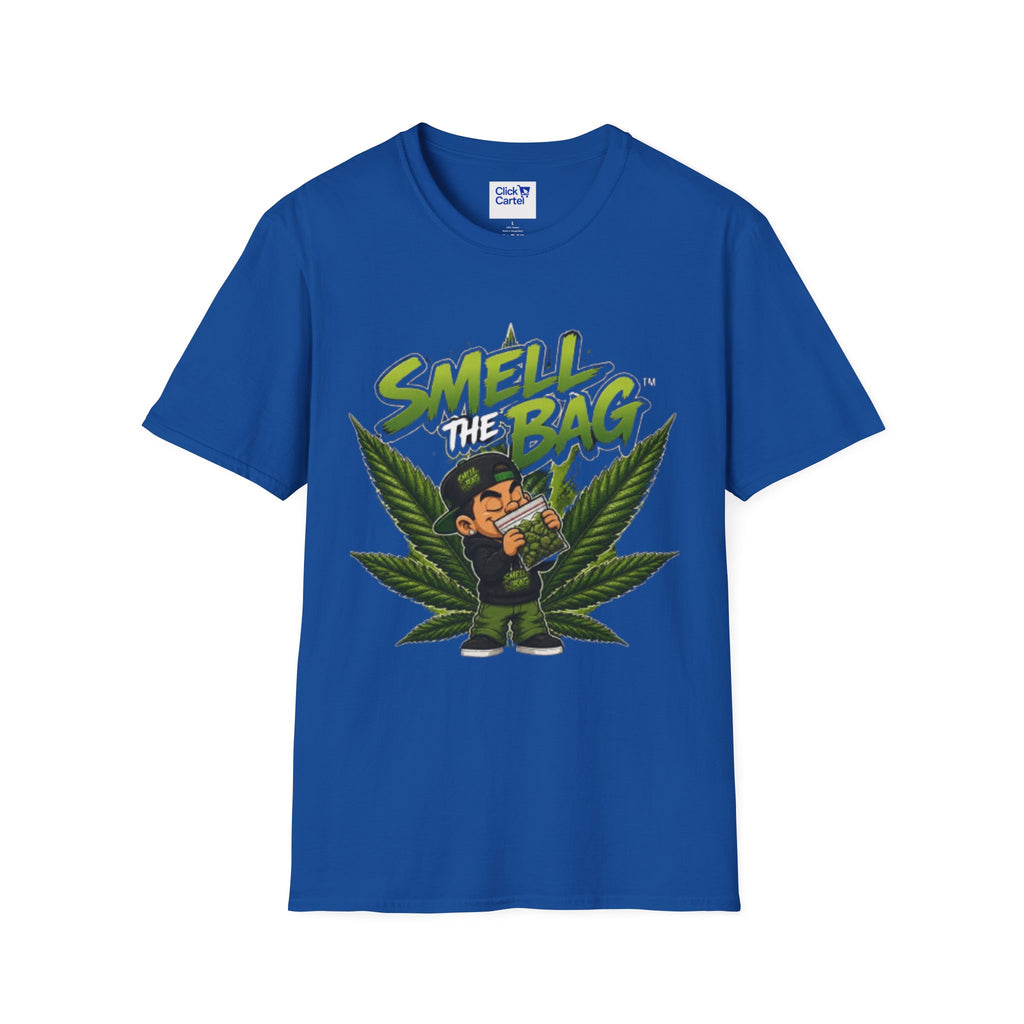 Smell the Bag Graphic T-Shirt – Cannabis Leaf & Stoner Cartoon Design