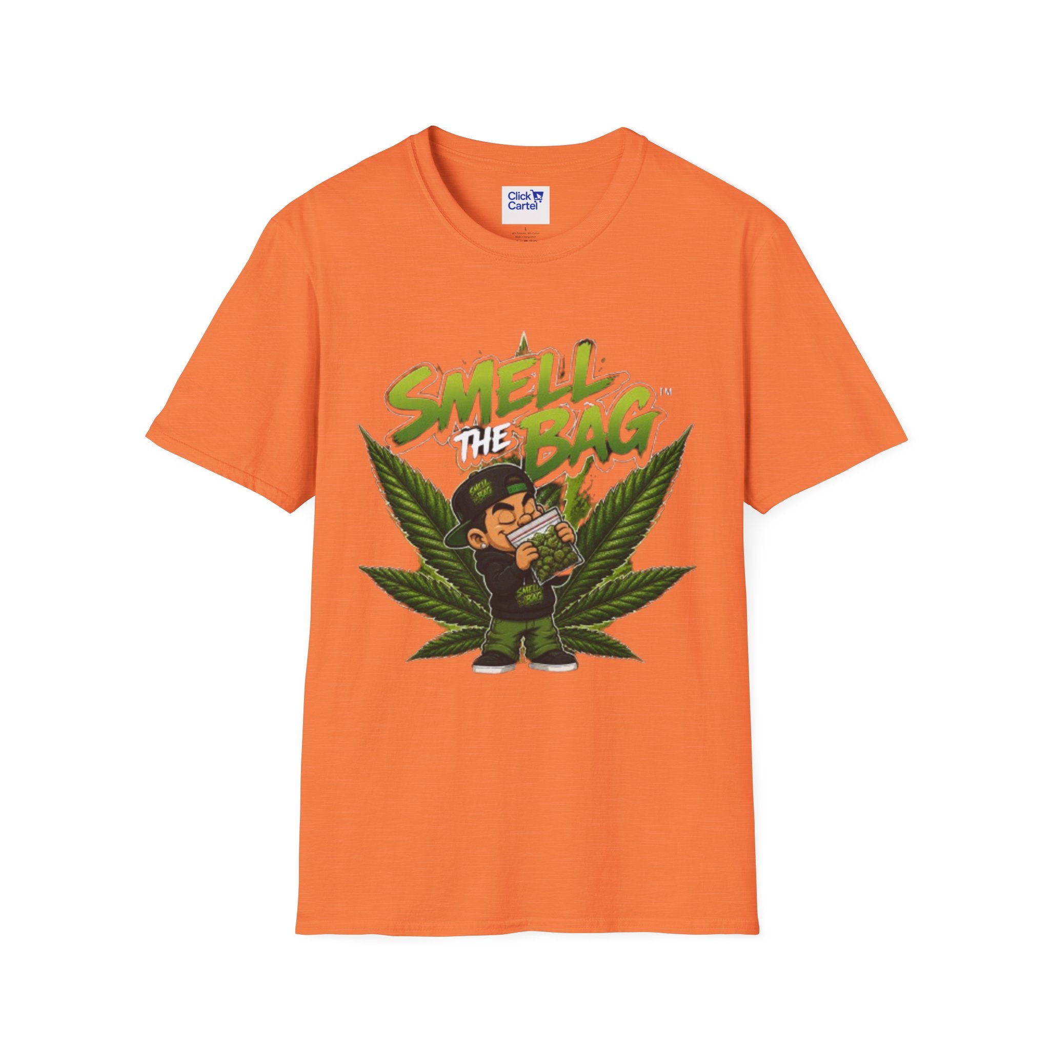 Smell the Bag Graphic T-Shirt – Cannabis Leaf & Stoner Cartoon Design