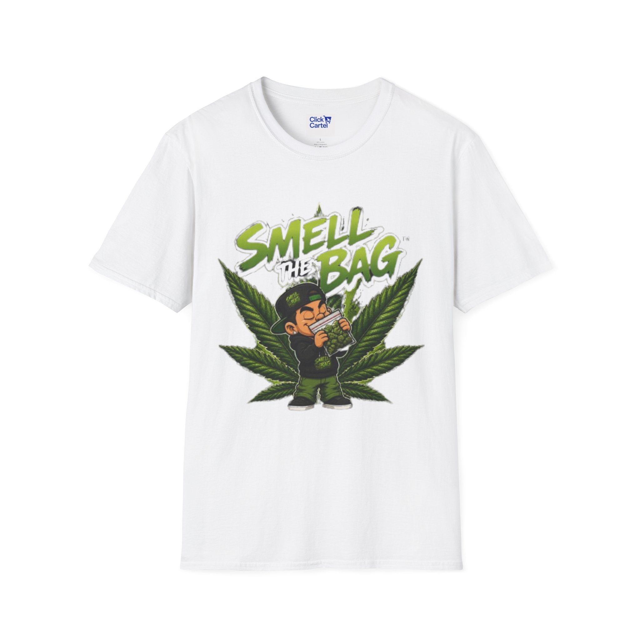 Smell the Bag Graphic T-Shirt – Cannabis Leaf & Stoner Cartoon Design