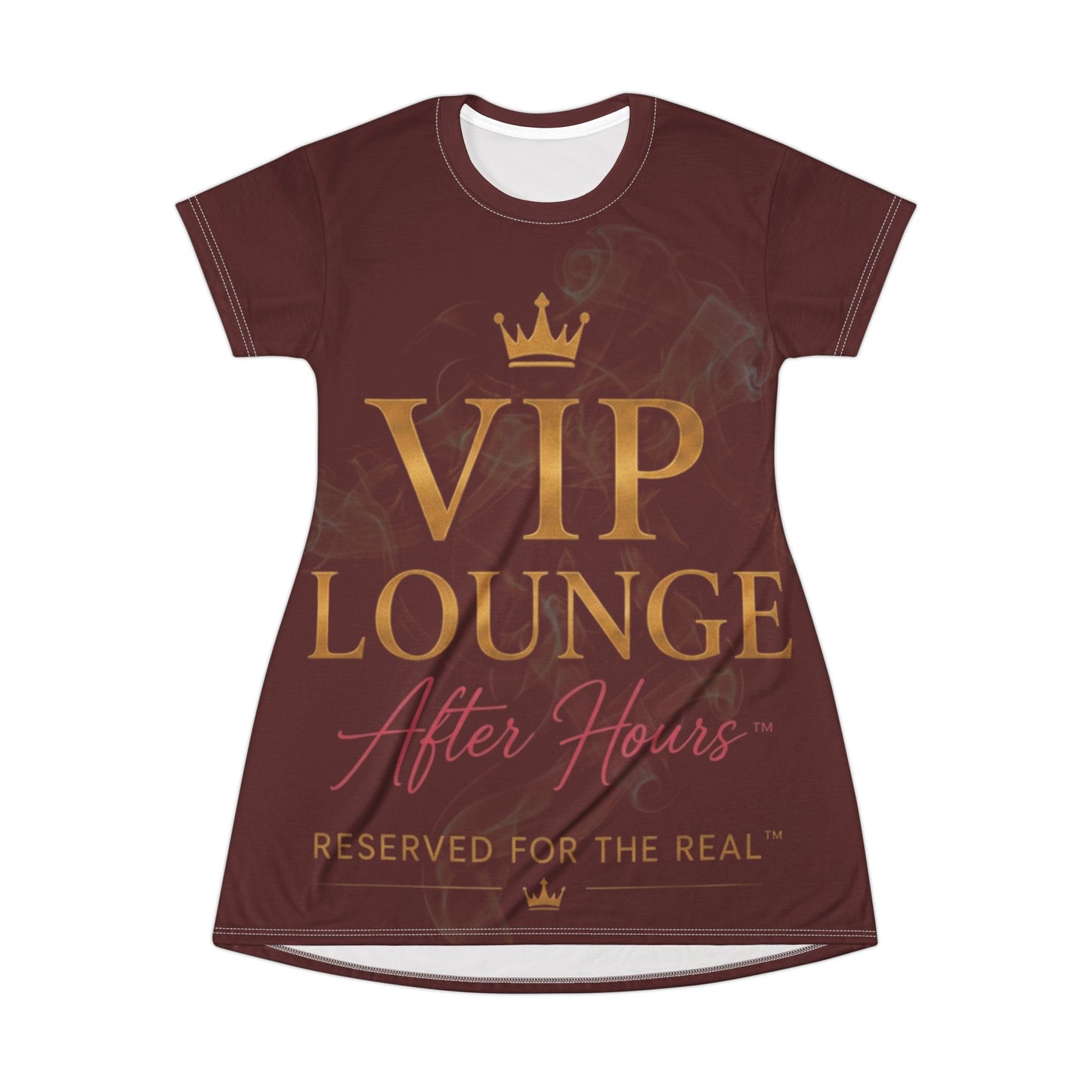 VIP Lounge After Hours T-Shirt Dress - "Reserved for the Real" Burgundy AOP