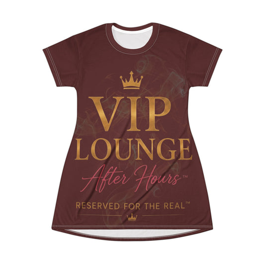 VIP Lounge After Hours T-Shirt Dress - "Reserved for the Real" Burgundy AOP