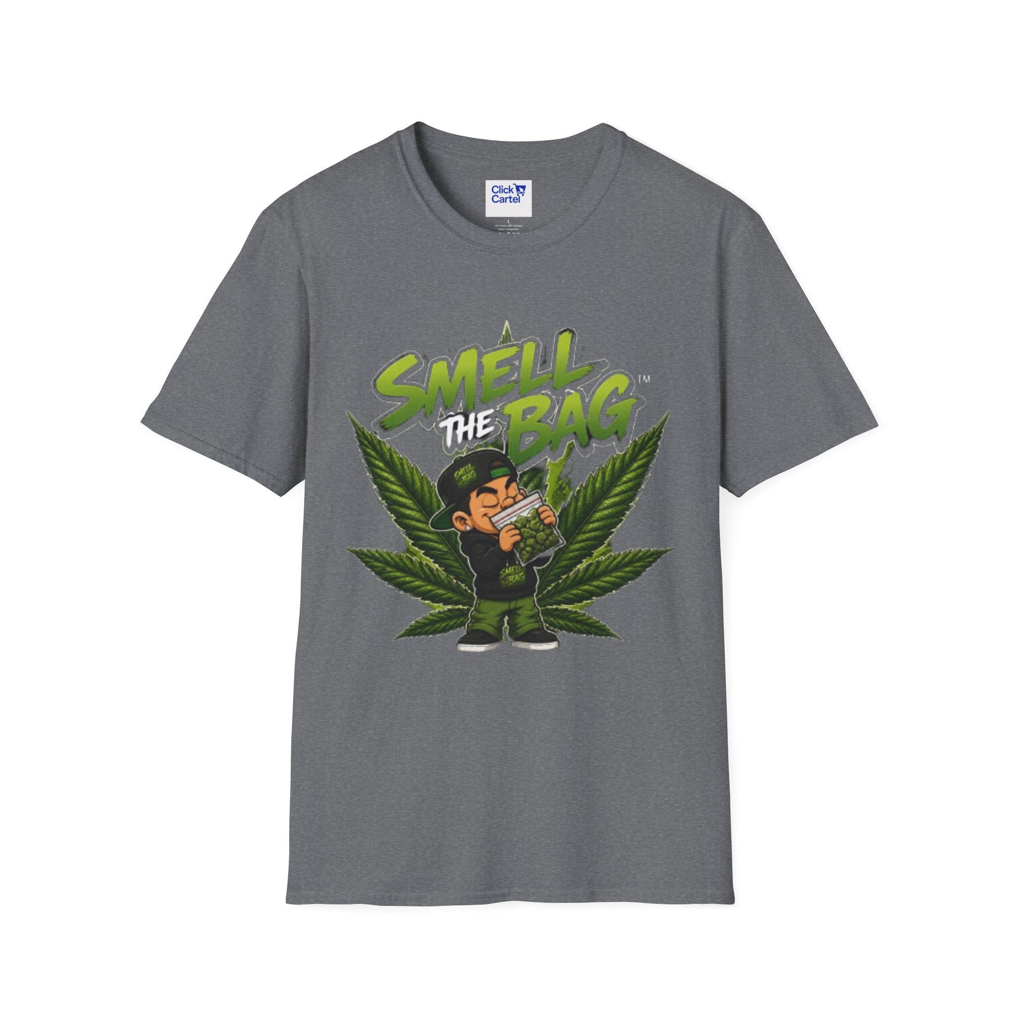 Smell the Bag Graphic T-Shirt – Cannabis Leaf & Stoner Cartoon Design